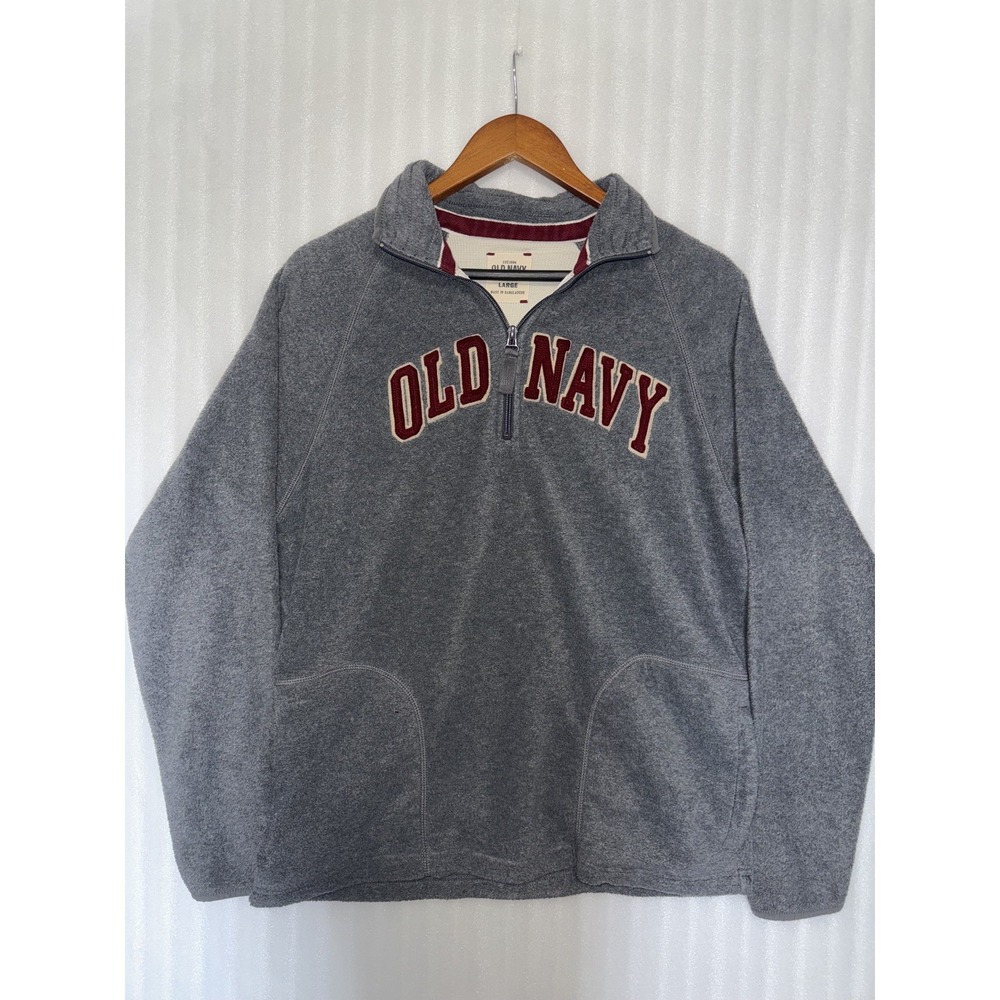 Vintage Men's Old Navy Fleece Pullover Gray Maroon 1/4 Zip Size L With Pockets